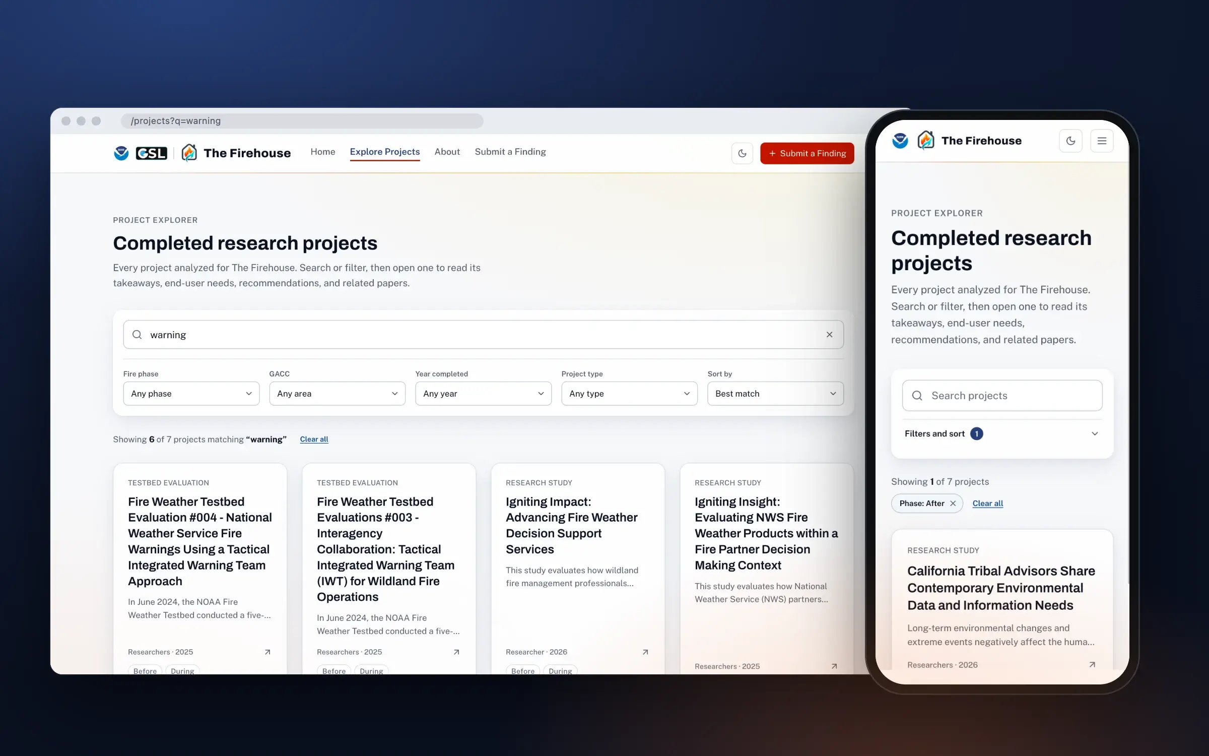 The project explorer with a search for warning showing 6 of 7 projects, filters for fire phase, GACC, year, project type and sort, beside a phone showing the same explorer with filters collapsed under a Filters and sort button and a Phase: After filter pill.