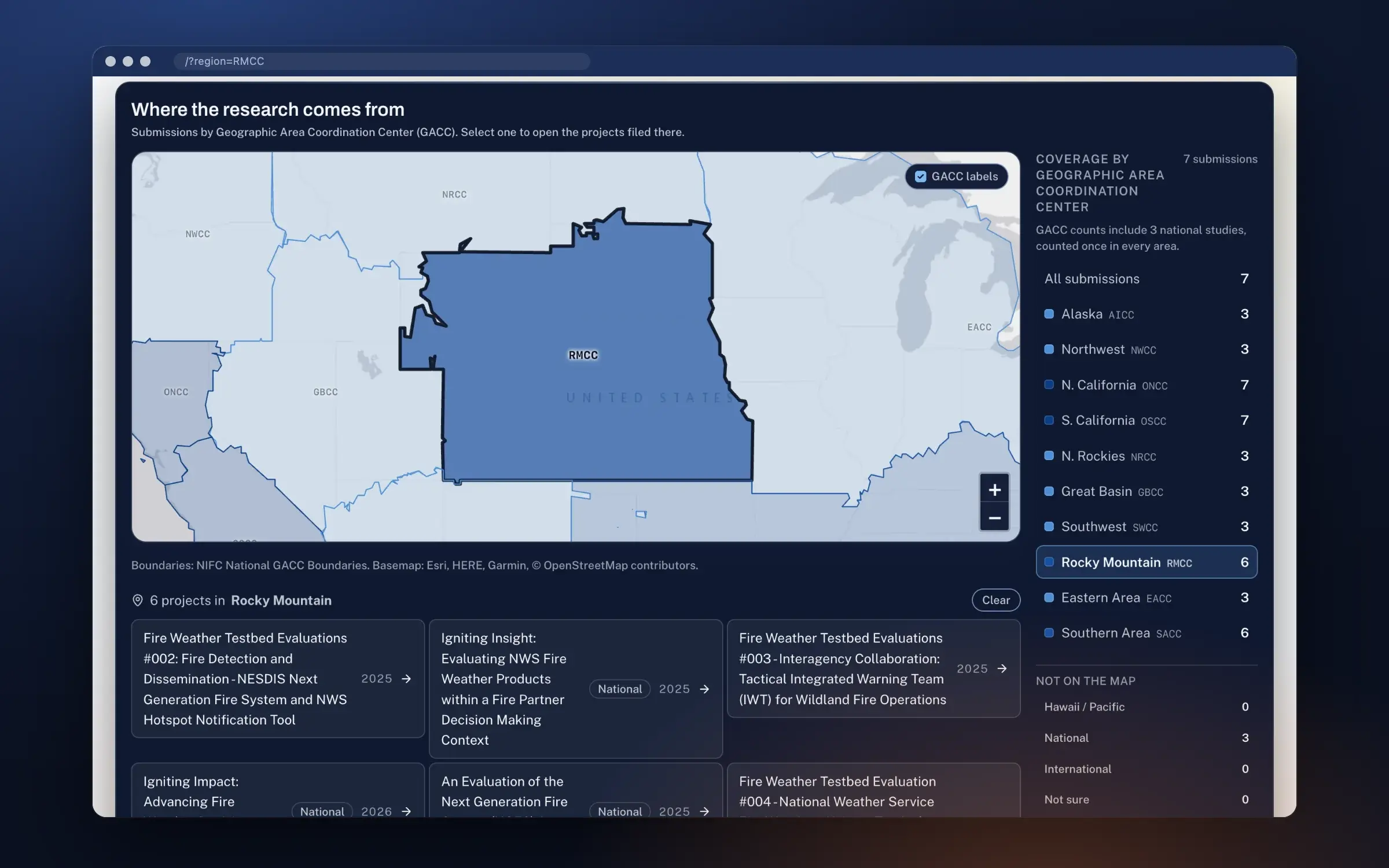 The coverage map in its dark panel with the Rocky Mountain area selected and outlined, a list of coordination areas with counts beside it, a Not on the map list, and six projects in Rocky Mountain listed below, three marked National.