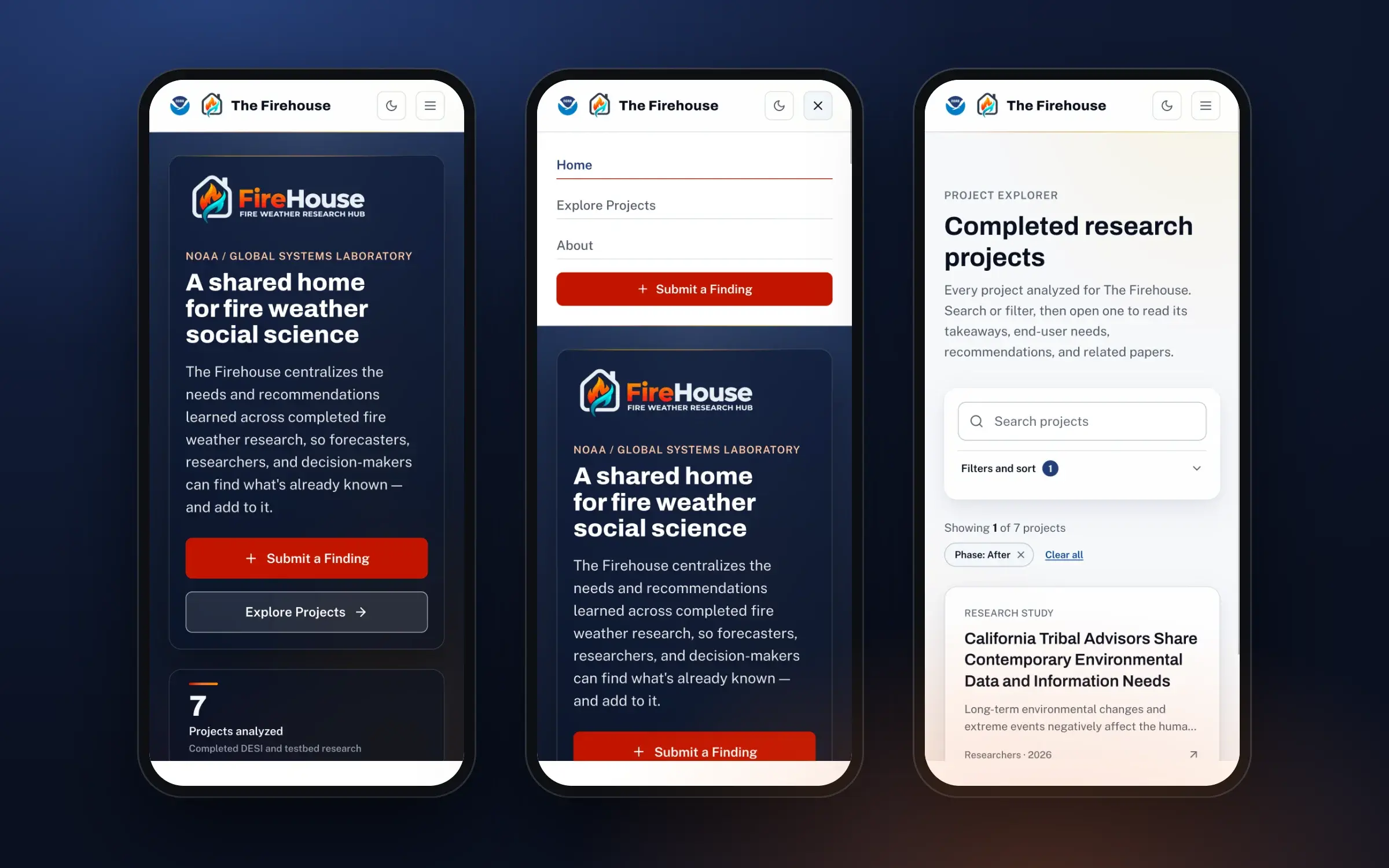 Three phones: the landing hero, the open navigation drawer with Home, Explore Projects, About and a Submit a Finding button, and the project explorer filtered to the After fire phase.