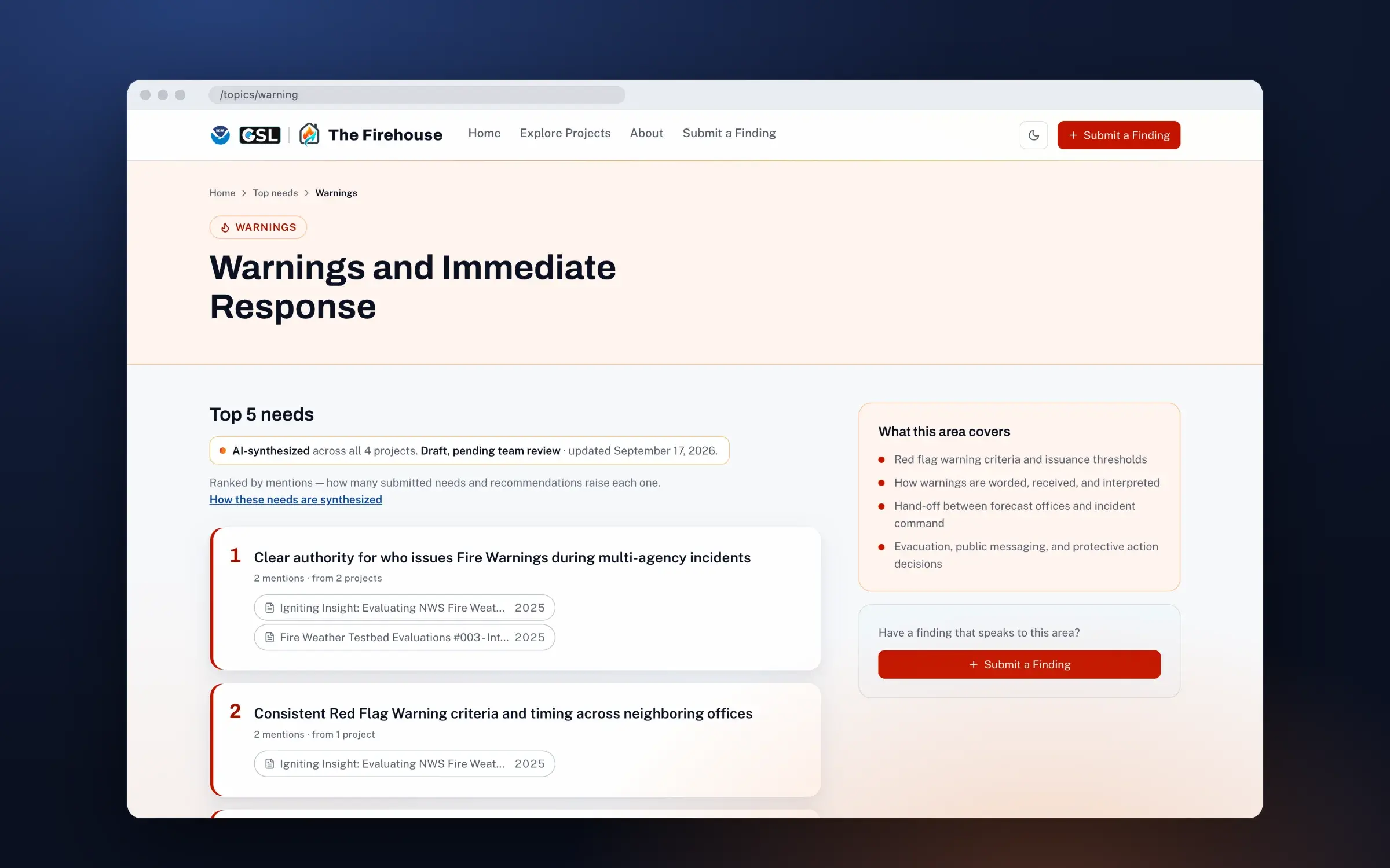 The Warnings and Immediate Response topic page: a Draft, pending team review label with the update date, and need number one, Clear authority for who issues Fire Warnings during multi-agency incidents, with 2 mentions from 2 projects linked below it.