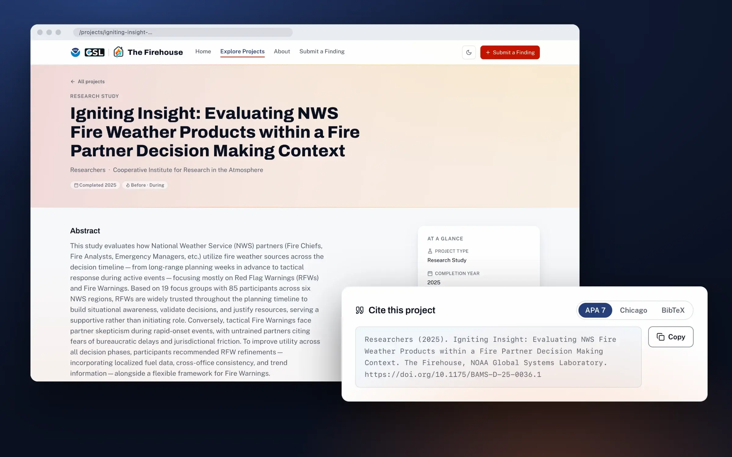 A project page for Igniting Insight: Evaluating NWS Fire Weather Products within a Fire Partner Decision Making Context, showing the researchers, the abstract and an at-a-glance sidebar, with the Cite this project panel in front showing an APA 7 citation with a DOI and a Copy button.