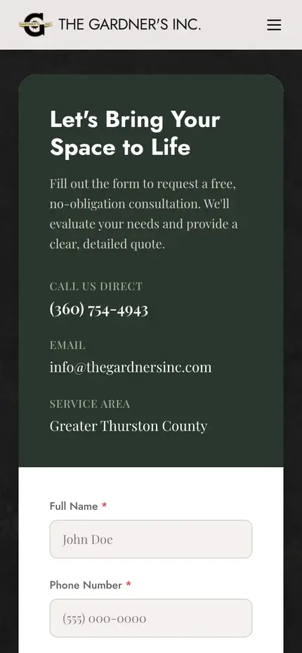 The quote section at phone width, with the contact panel stacked above the form showing the heading Let's Bring Your Space to Life, a tap-to-call phone number, email, and service area, followed by the first form fields.