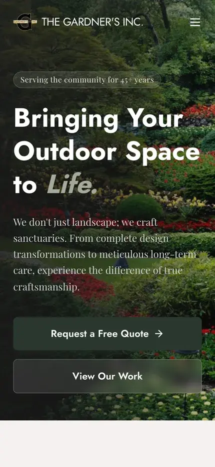 The homepage hero at phone width, with the headline wrapping to three lines and full-width Request a Free Quote and View Our Work buttons stacked below the description.