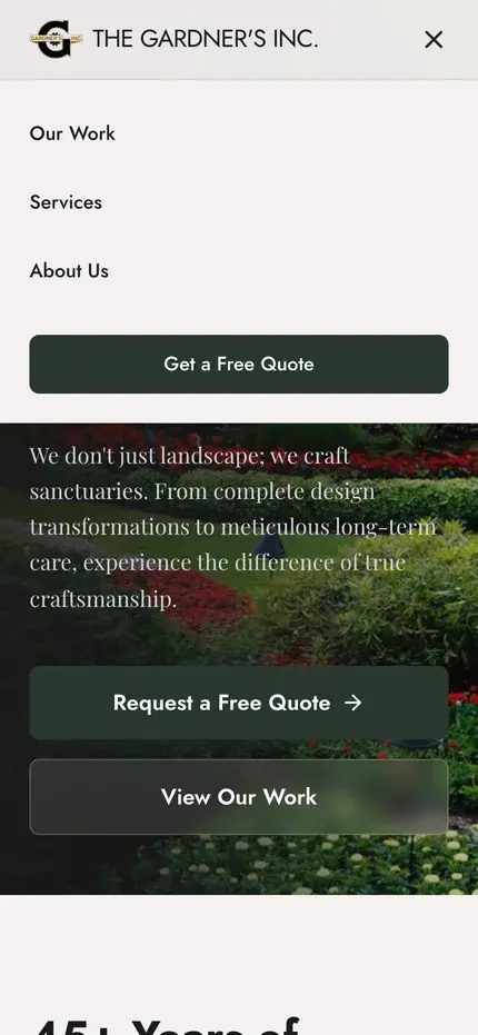The mobile navigation sheet open below the logo bar, listing Our Work, Services, and About Us, with a full-width Get a Free Quote button as the largest element.