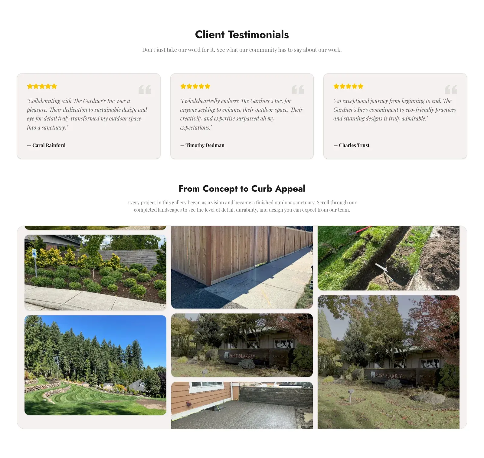 Three five-star client testimonials in cards, above a section titled From Concept to Curb Appeal with a masonry gallery of job-site photographs including a planted commercial bed, a cedar fence, an irrigation trench, a striped terraced lawn, and a timber entry sign.
